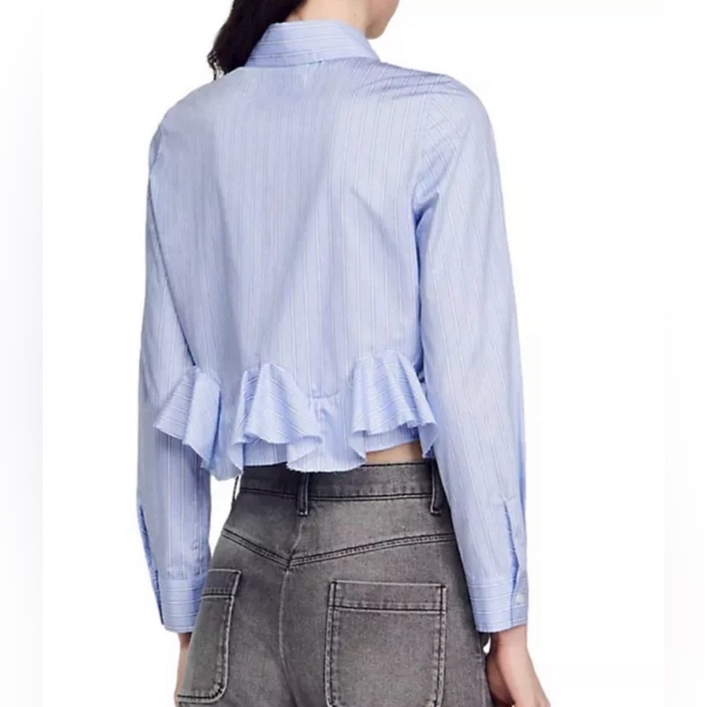 Sandro Light Blue Striped Ruffle Blouse - Picture 4 of 7